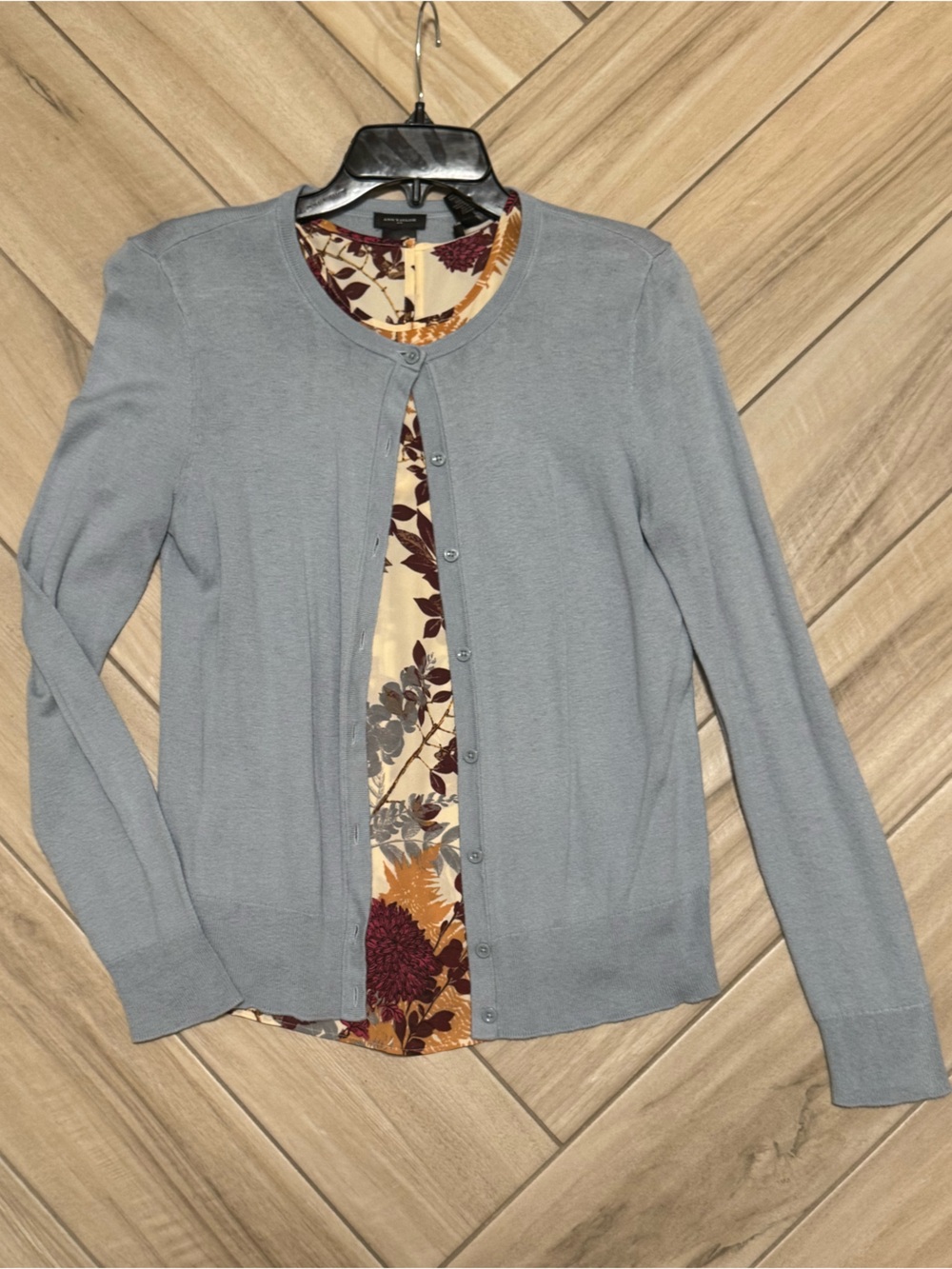 Ann Taylor Floral Blouse AND Light Blue Crewneck Button Cardigan